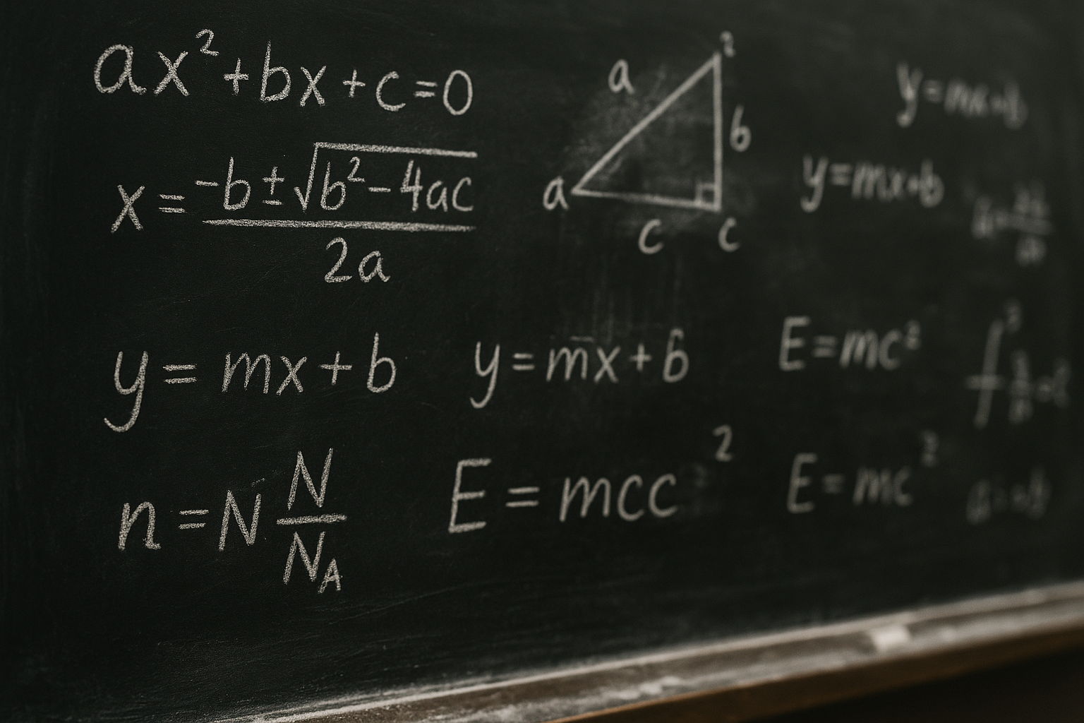Generate an image of a blackboard taken from the side at a shallow angle with a bunch of equations or school related content written on top